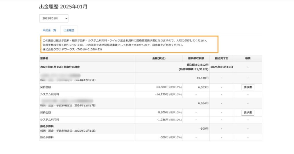 クラウドワークス出金履歴