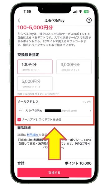 TikTok LiteえらべるPayでメールアドレスを入力