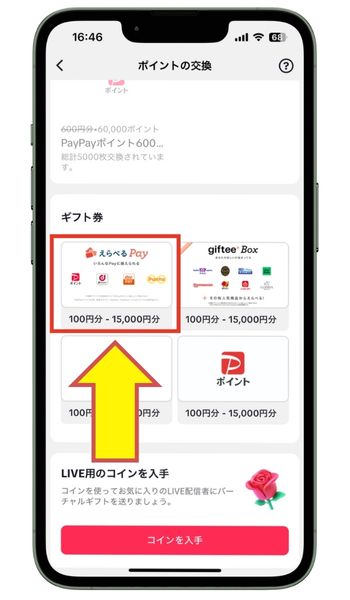 TikTok Liteギフト券からえらべるPayを選択