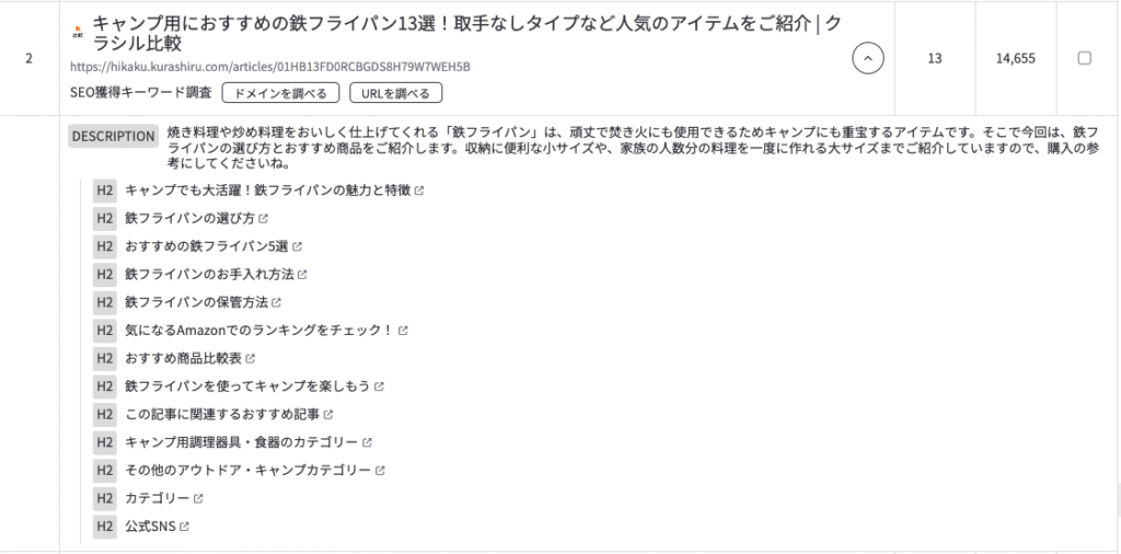 ラッコキーワードで抽出した上位記事の見出しアコーディオン